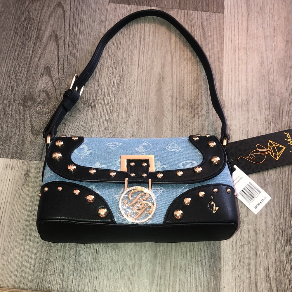 Baby Phat Light Denim & Black Faux Leather Monogram & Studded Shoulder Bag NWT